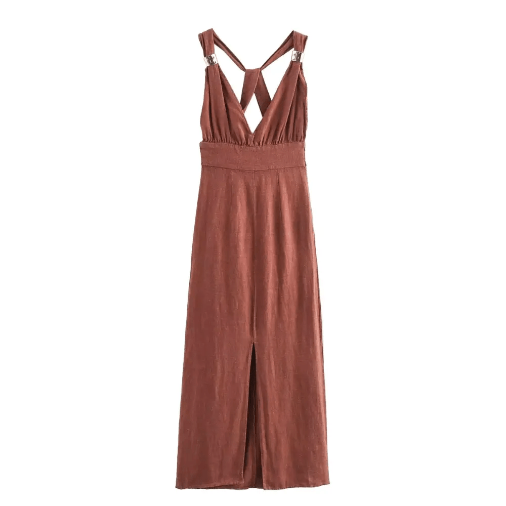 Vestido Maxi para Mulher, Sem Mangas, Decote Profundo em V, Costas Abertas