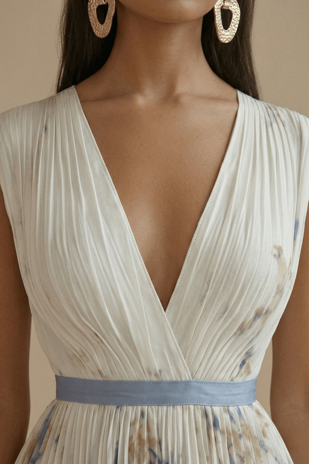 Robe maxi femme sans manches col en V corsage plissé coupe ajustée