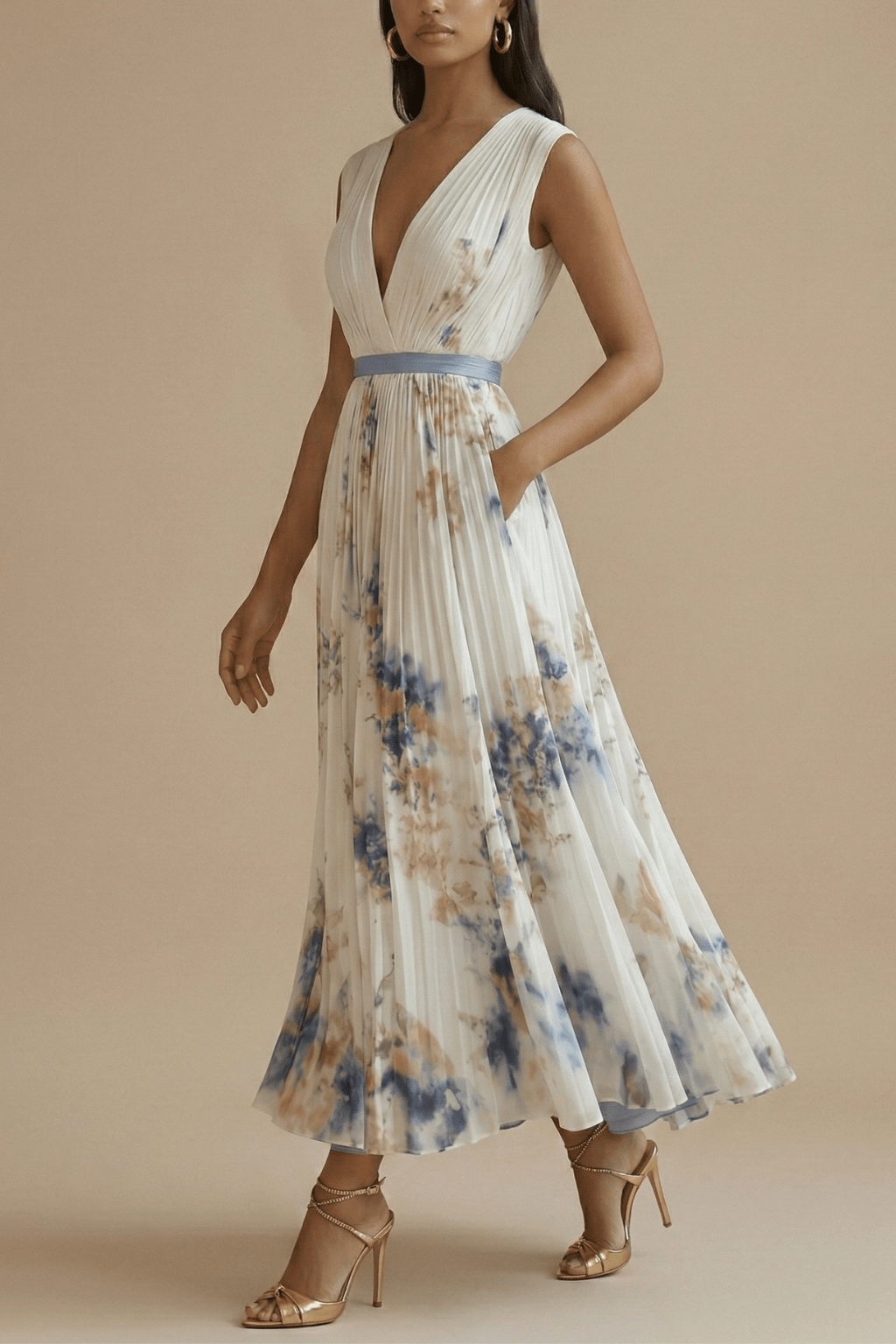 Robe maxi femme sans manches col en V corsage plissé coupe ajustée