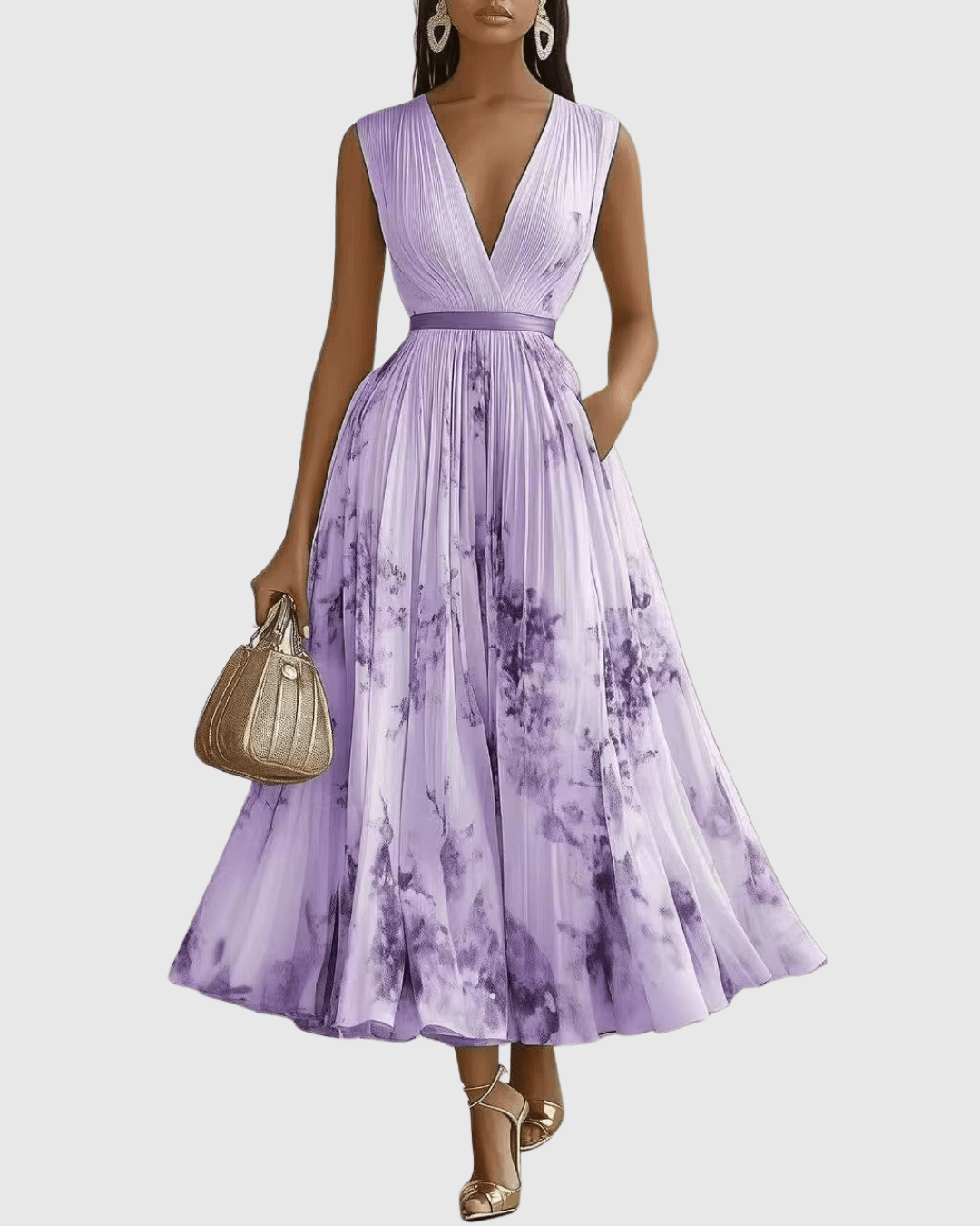 Robe maxi femme sans manches col en V corsage plissé coupe ajustée