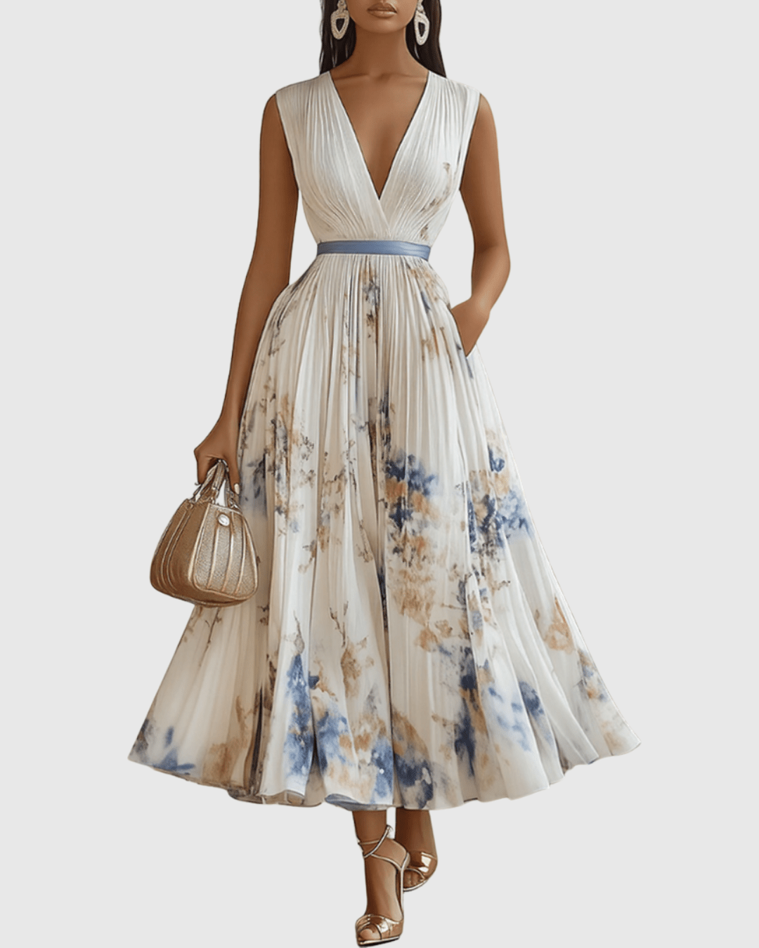 Robe maxi femme sans manches col en V corsage plissé coupe ajustée