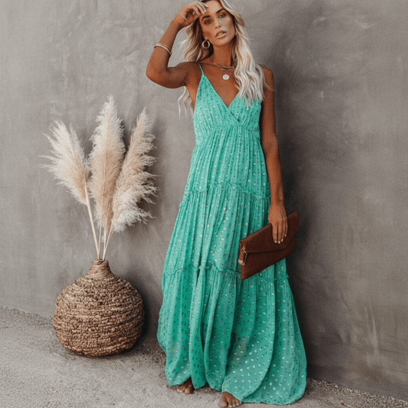 Robe maxi femme sans manches col en V fermeture nouée dos coupe ajustée