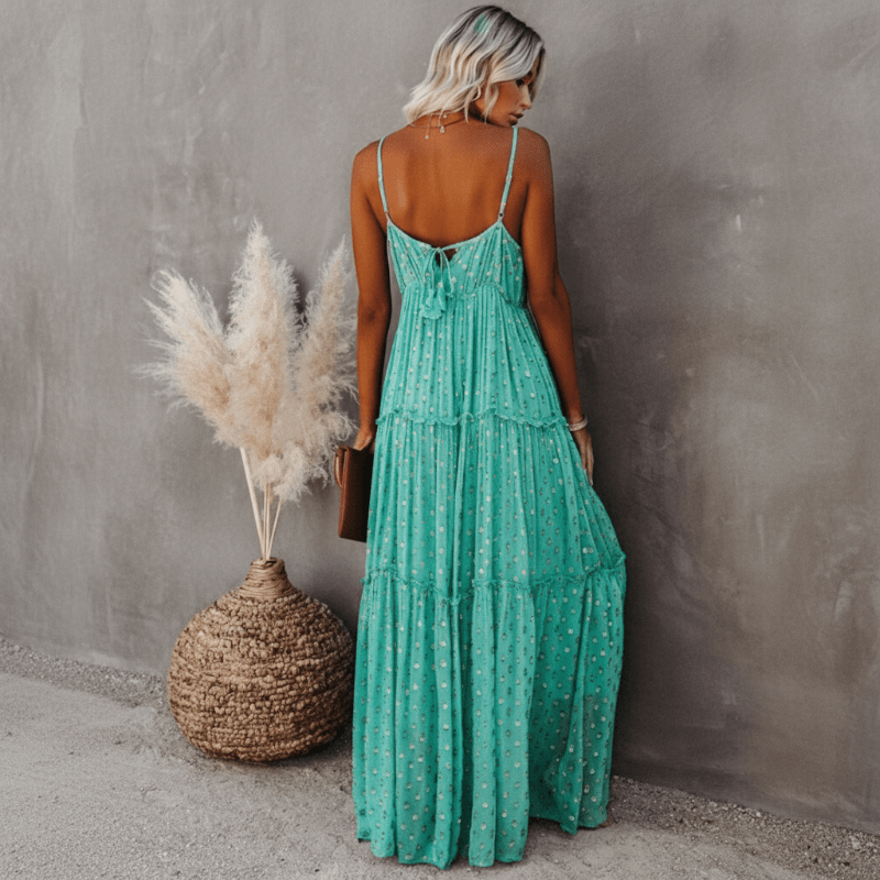 Robe maxi femme sans manches col en V fermeture nouée dos coupe ajustée