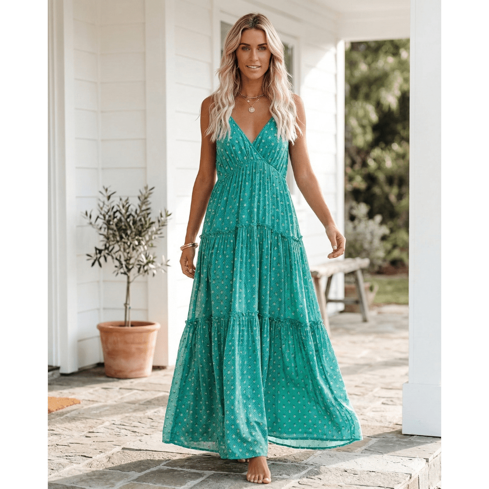 Robe maxi femme sans manches col en V fermeture nouée dos coupe ajustée