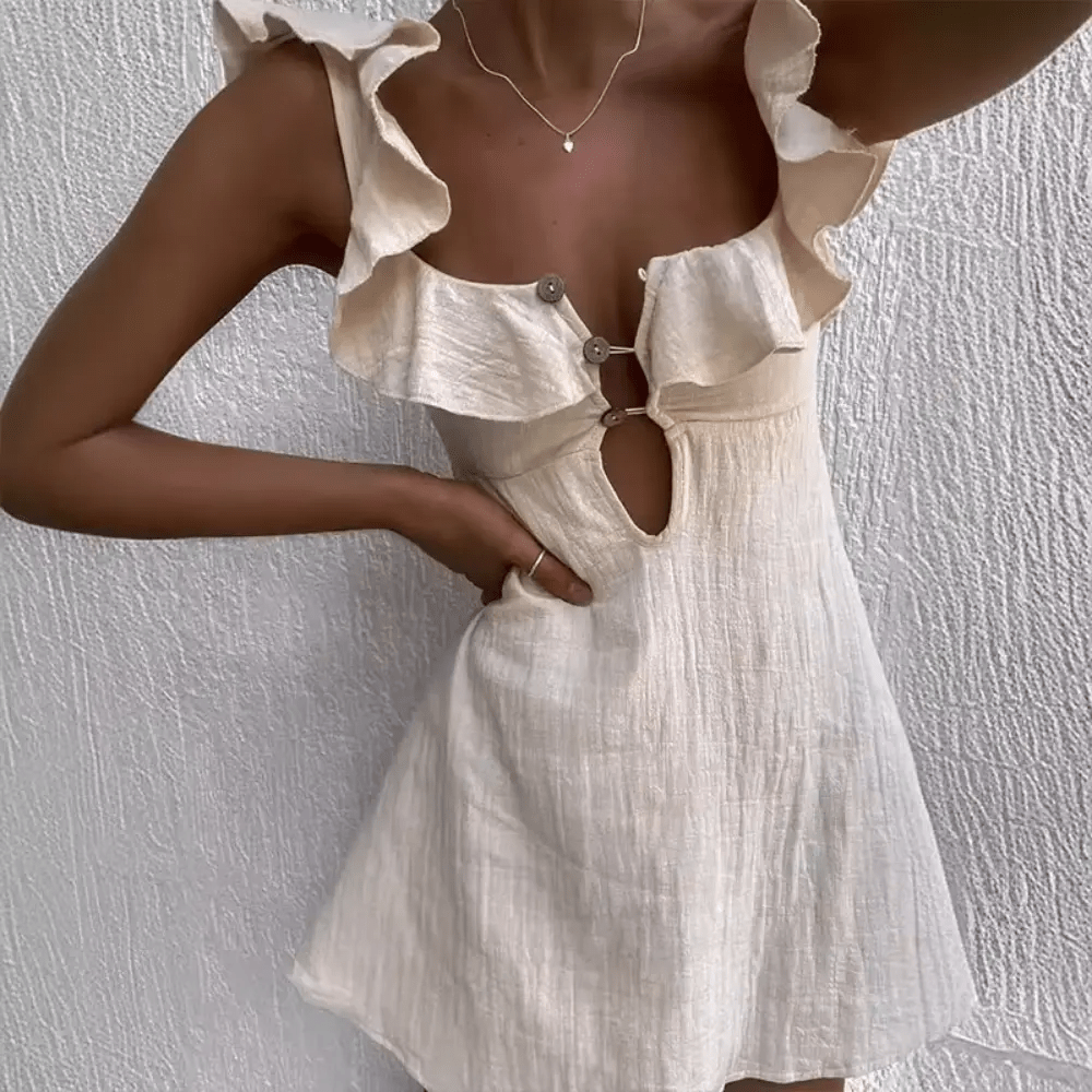 Robe courte en lin pour femme col en V bretelles spaghetti au-dessus du genou