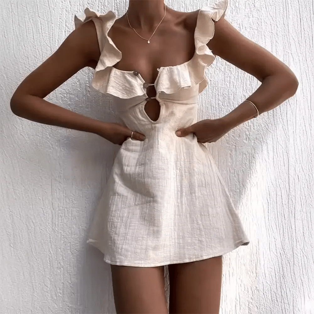 Robe courte en lin pour femme col en V bretelles spaghetti au-dessus du genou