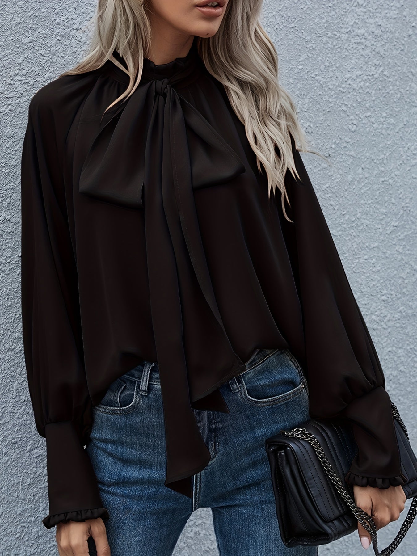 Dames Blouse — Lange Mouw Strik Hals Gerimpelde Mouwen