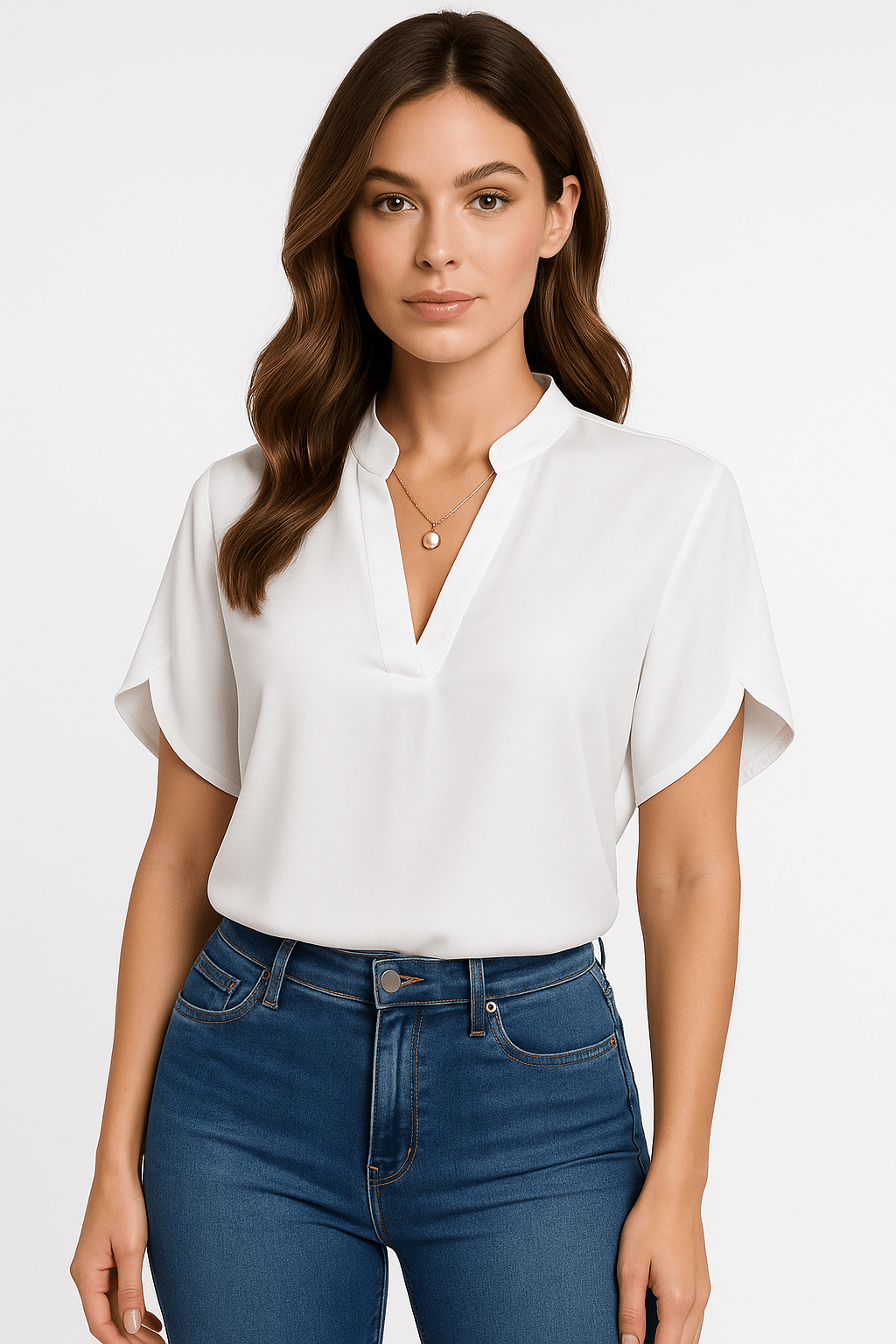 Blusa da donna — Scollo a V con colletto mandarino e dettagli al collo