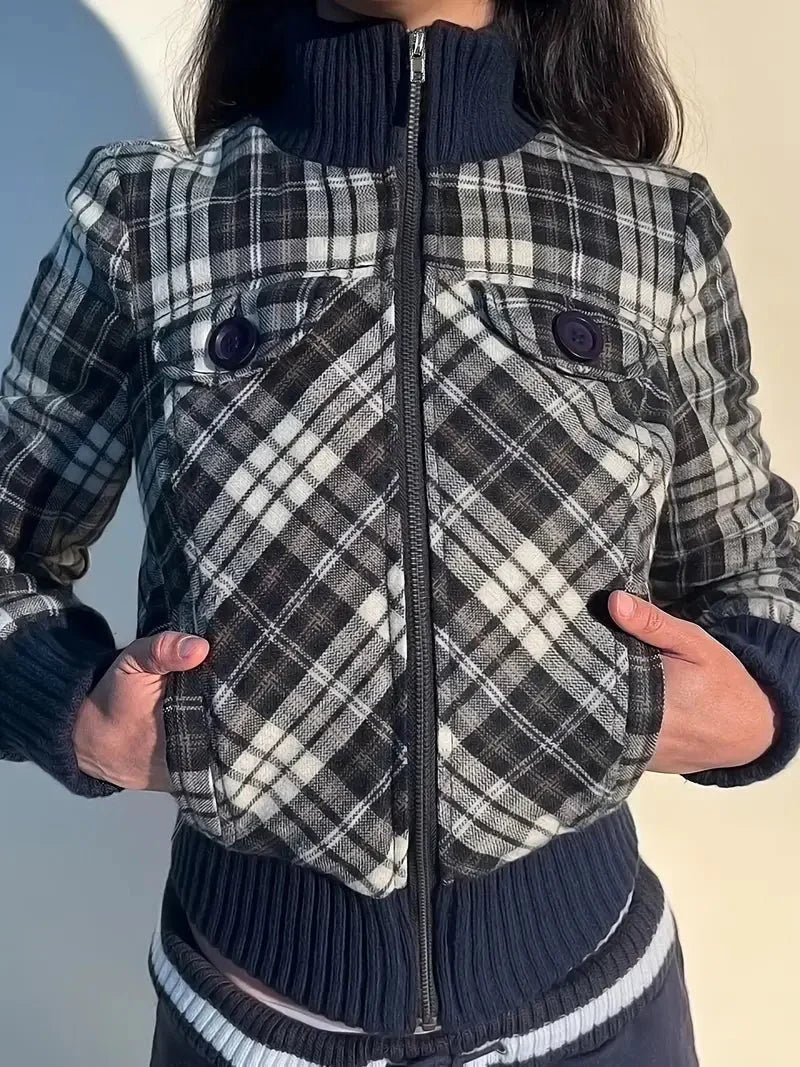 Veste courte pour femme — Motif à carreaux, col montant, poignets élastiques