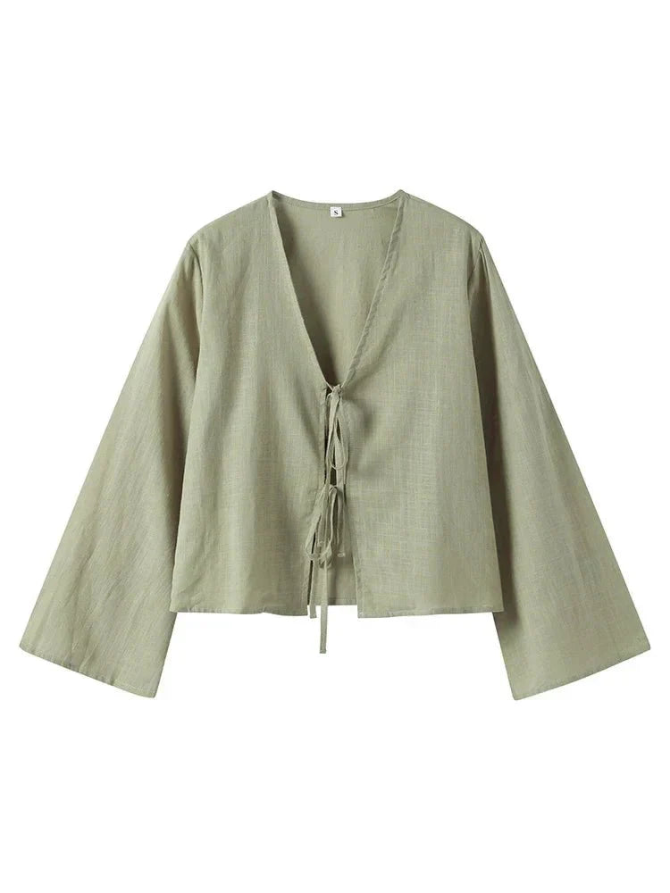Damen Cropped Top — Bindeband vorne und weite Ärmel  