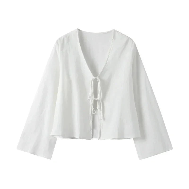 Damen Cropped Top — Bindeband vorne und weite Ärmel  