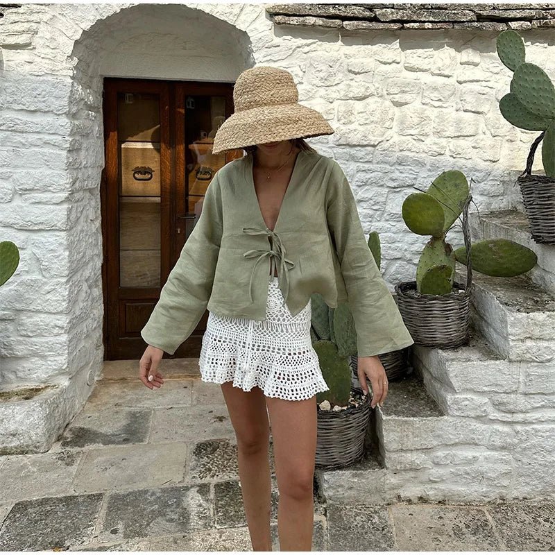 Crop top da donna in lino - nodo frontale, vestibilità strutturata