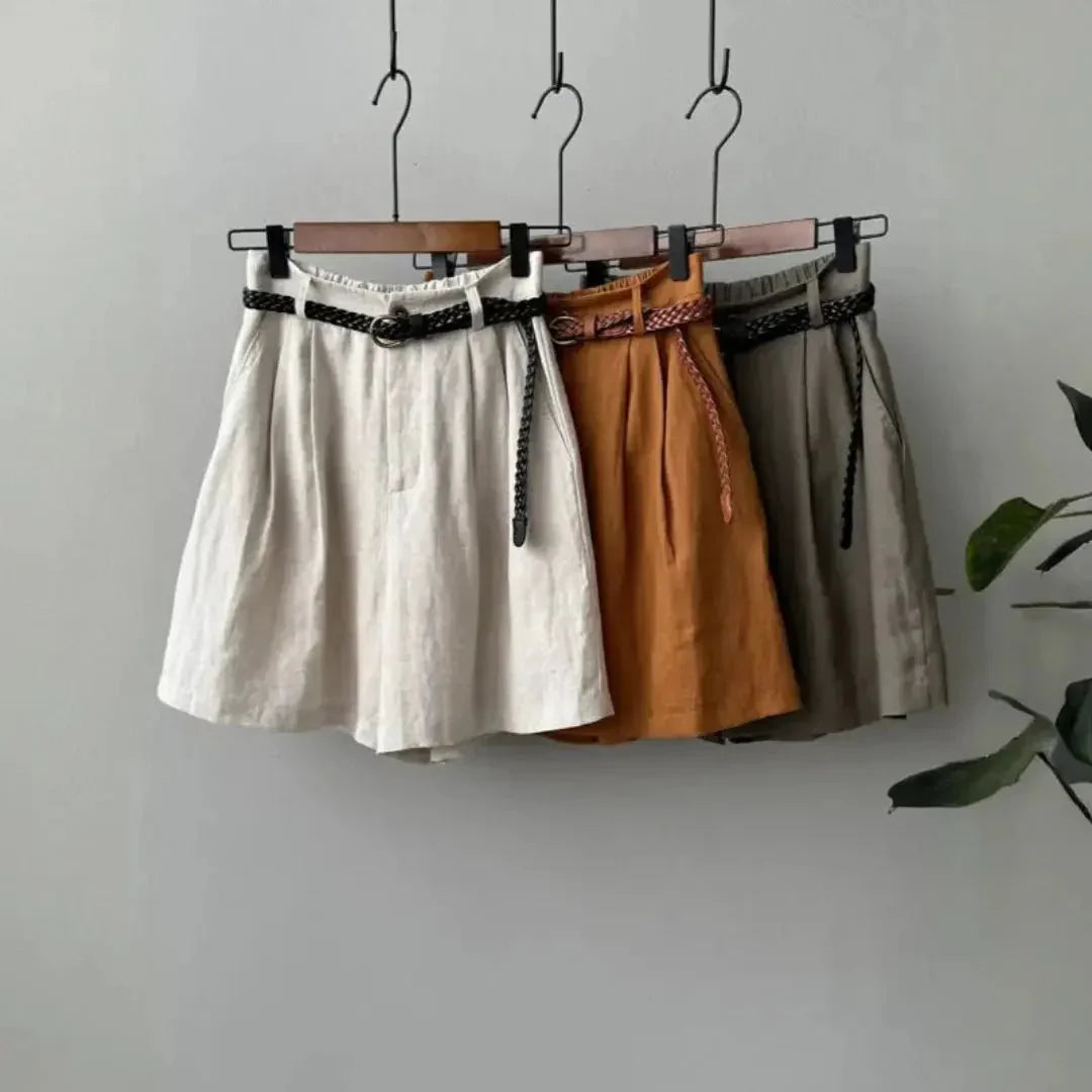 Shorts plisados de lino de mujer de cintura alta — Cintura elástica