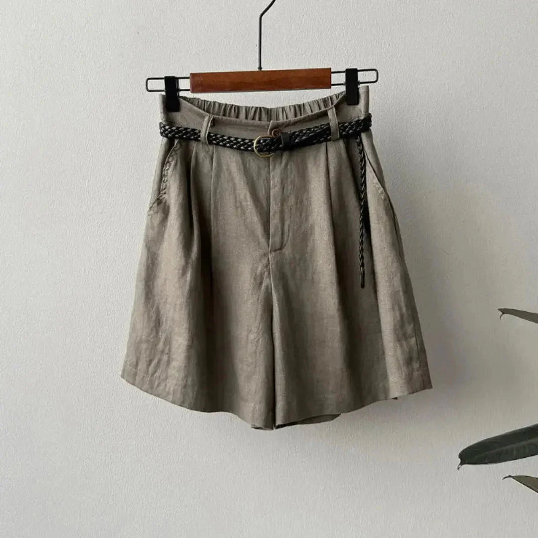 Shorts plisados de lino de mujer de cintura alta — Cintura elástica