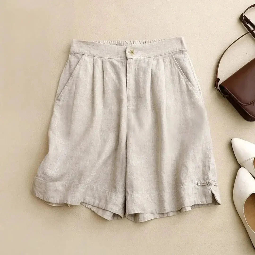 Shorts femme en lin taille haute — Coupe ample, fermeture à boutons