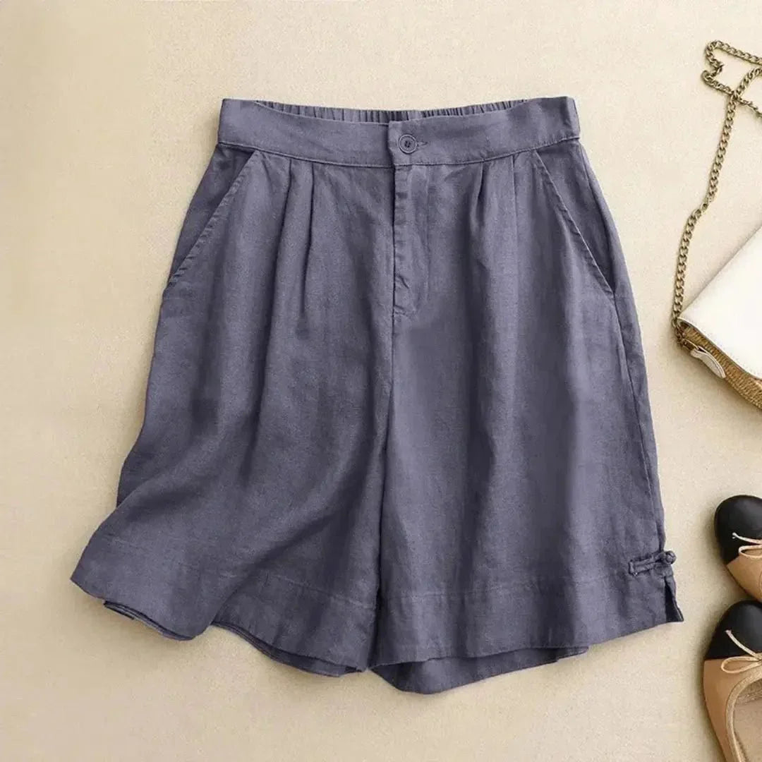 Shorts femme en lin taille haute — Coupe ample, fermeture à boutons
