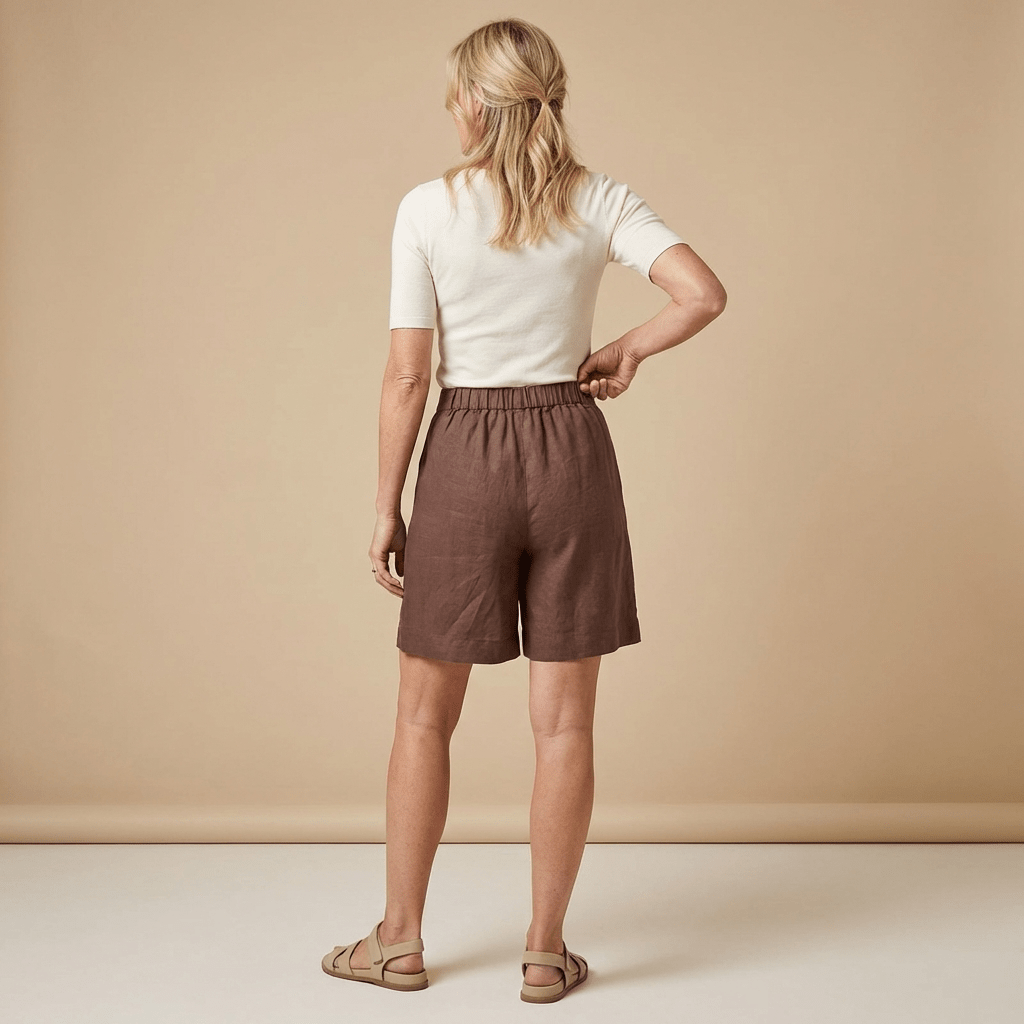 Calções de Linho Femininos Cintura Alta Ajuste Solto Fecho de Botão