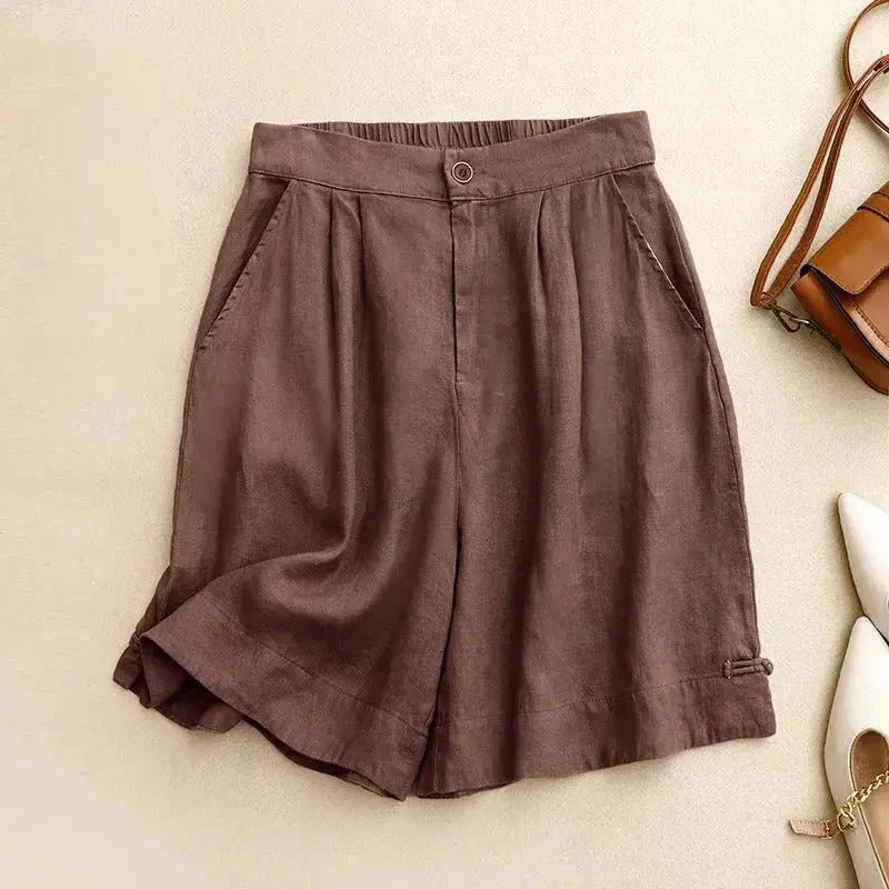 Shorts femme en lin taille haute — Coupe ample, fermeture à boutons