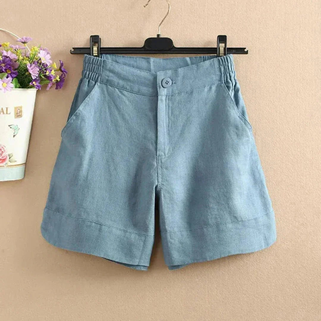 Shorts in lino donna a vestibilità ampia — Lunghezza media, chiusura con bottoni