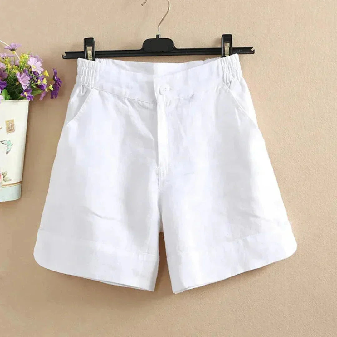 Shorts in lino donna a vestibilità ampia — Lunghezza media, chiusura con bottoni
