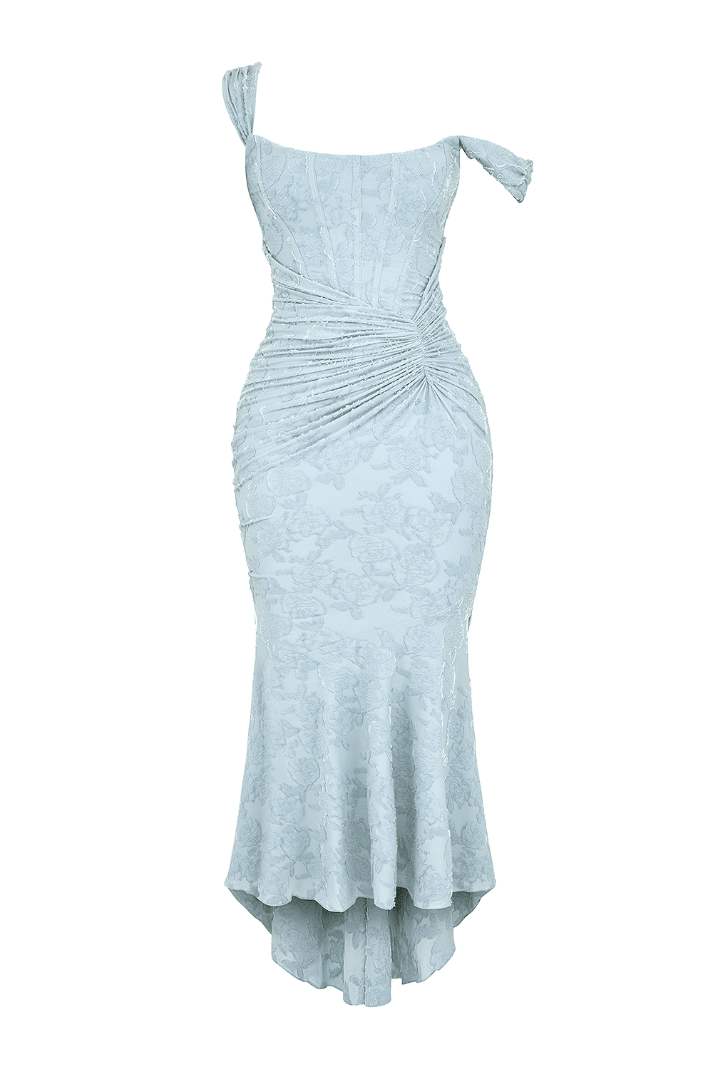 Robe longue femme — Corsage ajusté, taille froncée, ourlet asymétrique