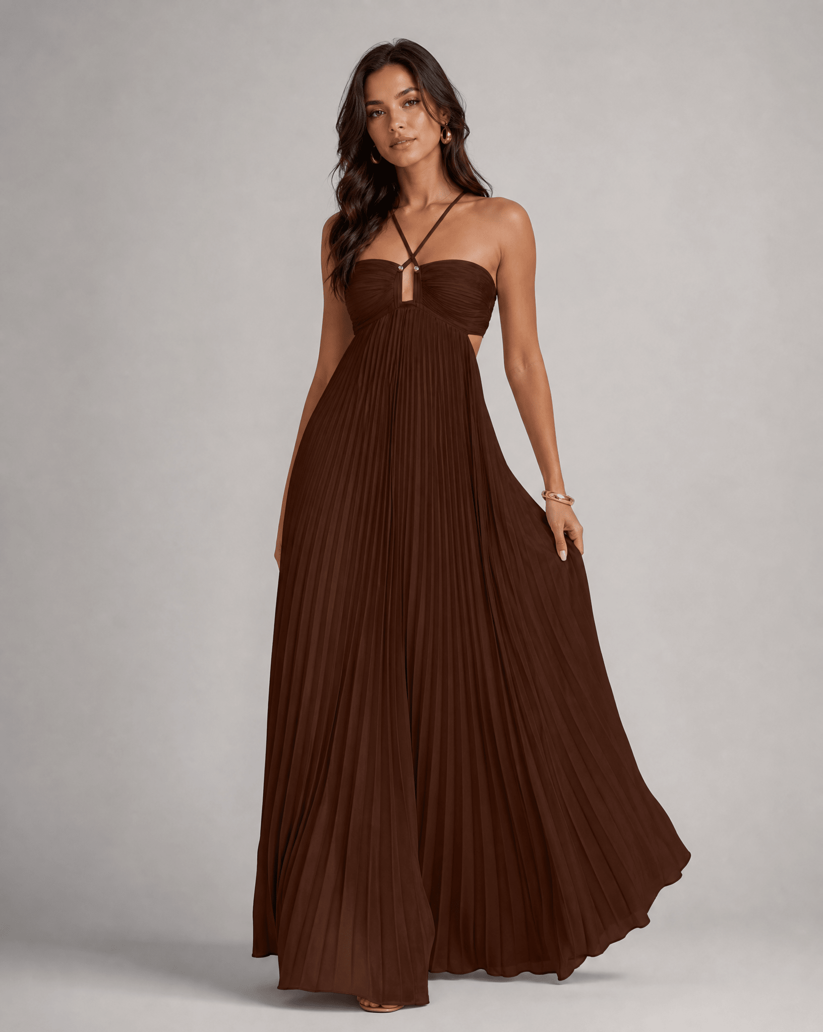 Damen Maxikleid — Plissierter Rock, Neckholder-Ausschnitt, offener Rücken