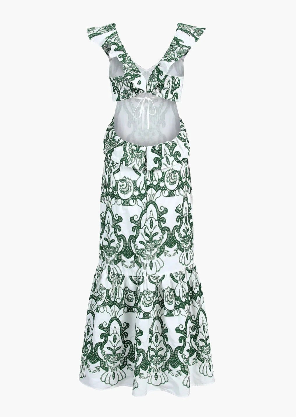 Vestito maxi donna — scollo profondo, schiena scoperta, ricamato