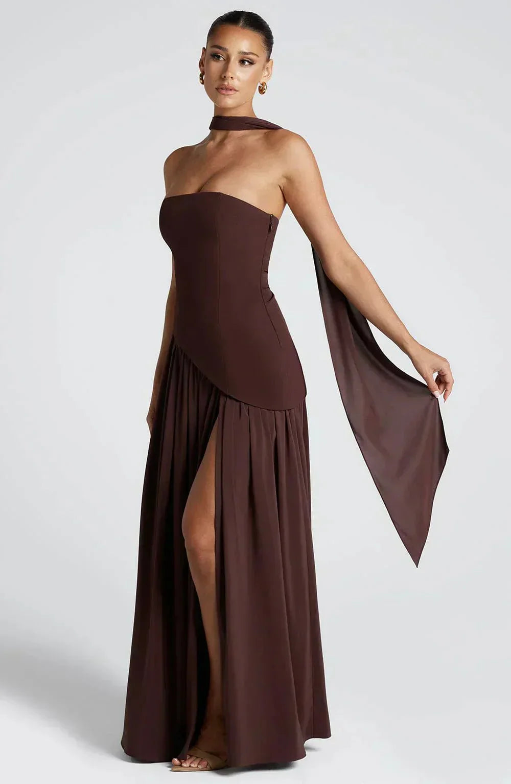 Dames maxi-jurk — strapless met hoge split en aansluitende pasvorm