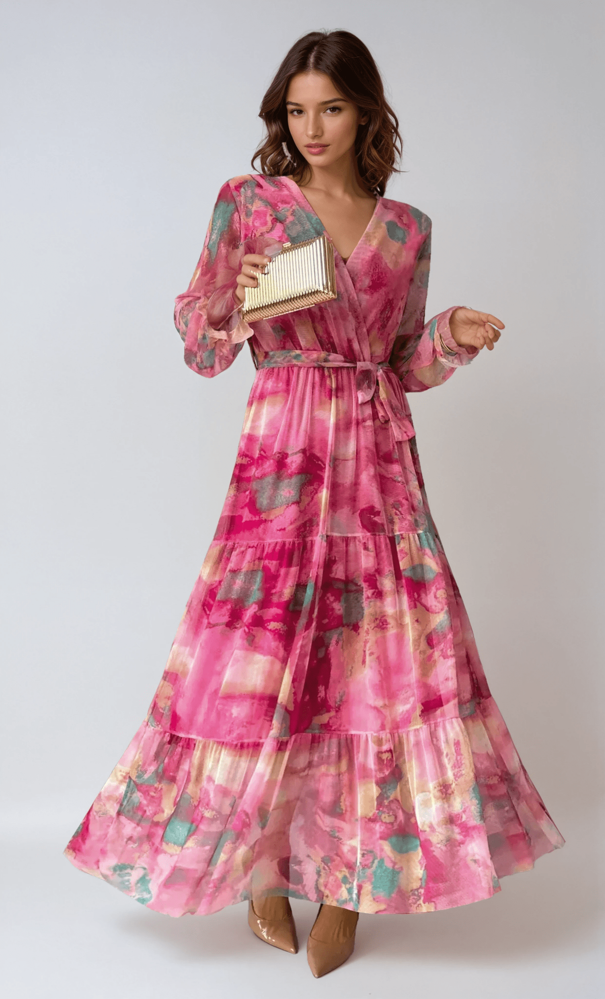 Dames Maxi Jurk — Overslag Sluiting V-Hals Lange Mouw Ontwerp