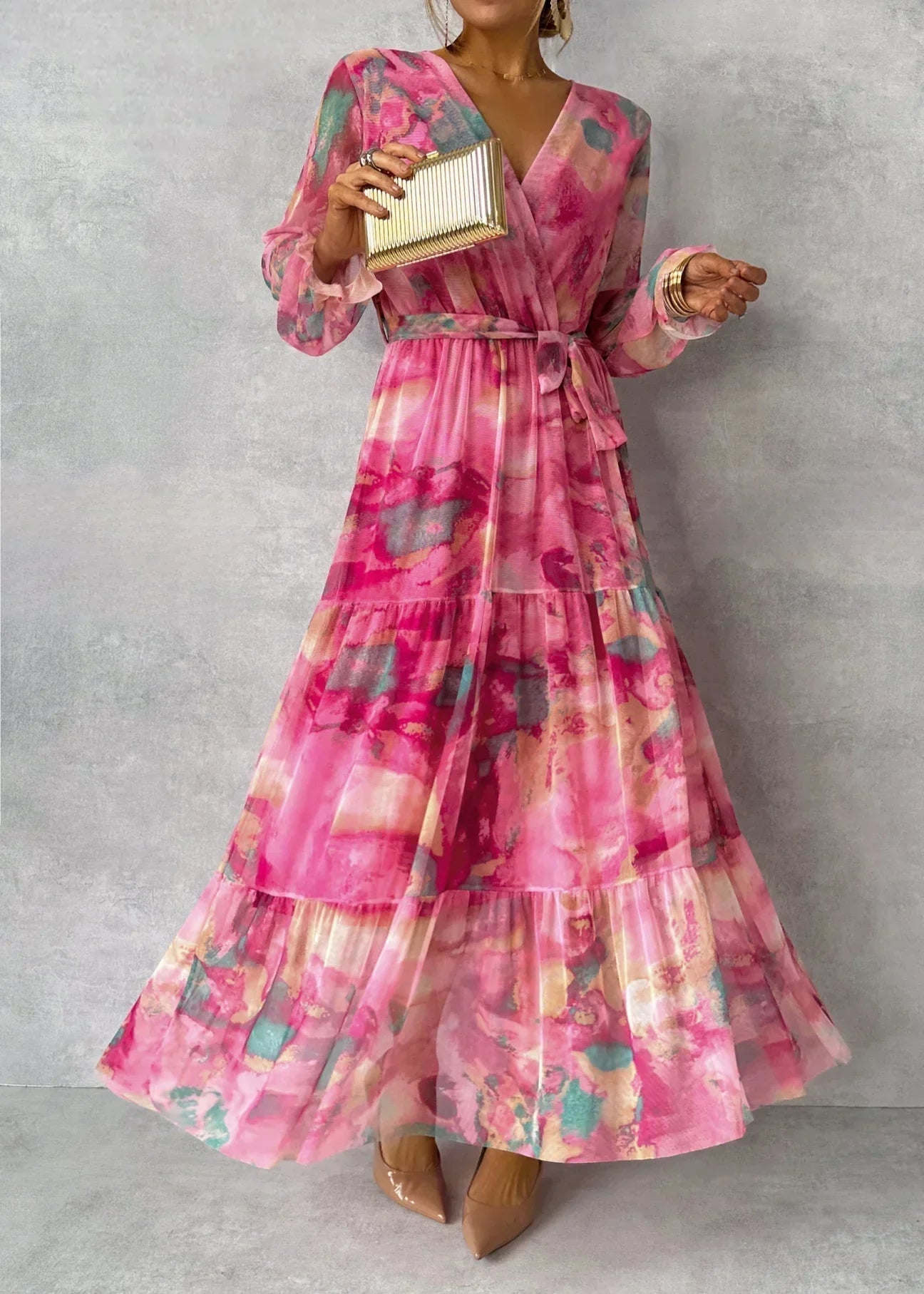 Dames Maxi Jurk — Overslag Sluiting V-Hals Lange Mouw Ontwerp
