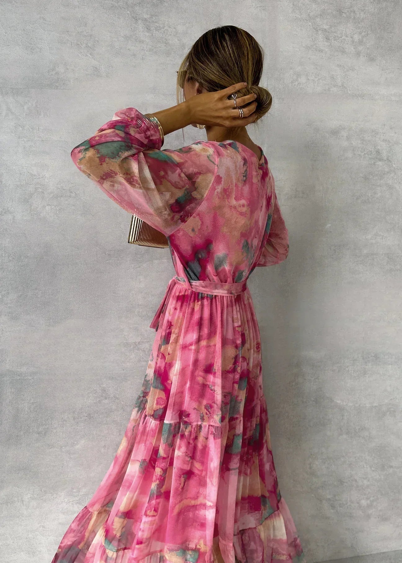 Dames Maxi Jurk — Overslag Sluiting V-Hals Lange Mouw Ontwerp