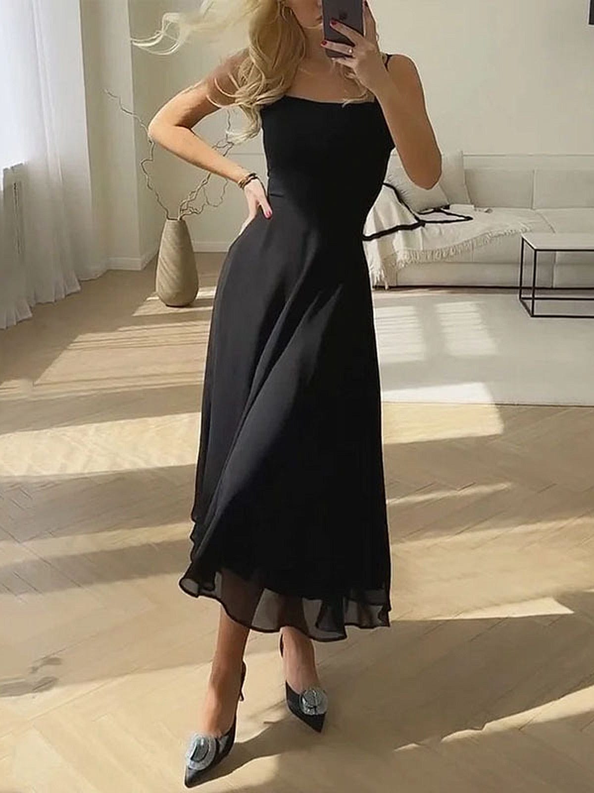 Vestido midi para mujer — corte en línea A, escote cuadrado y corpiño estructurado