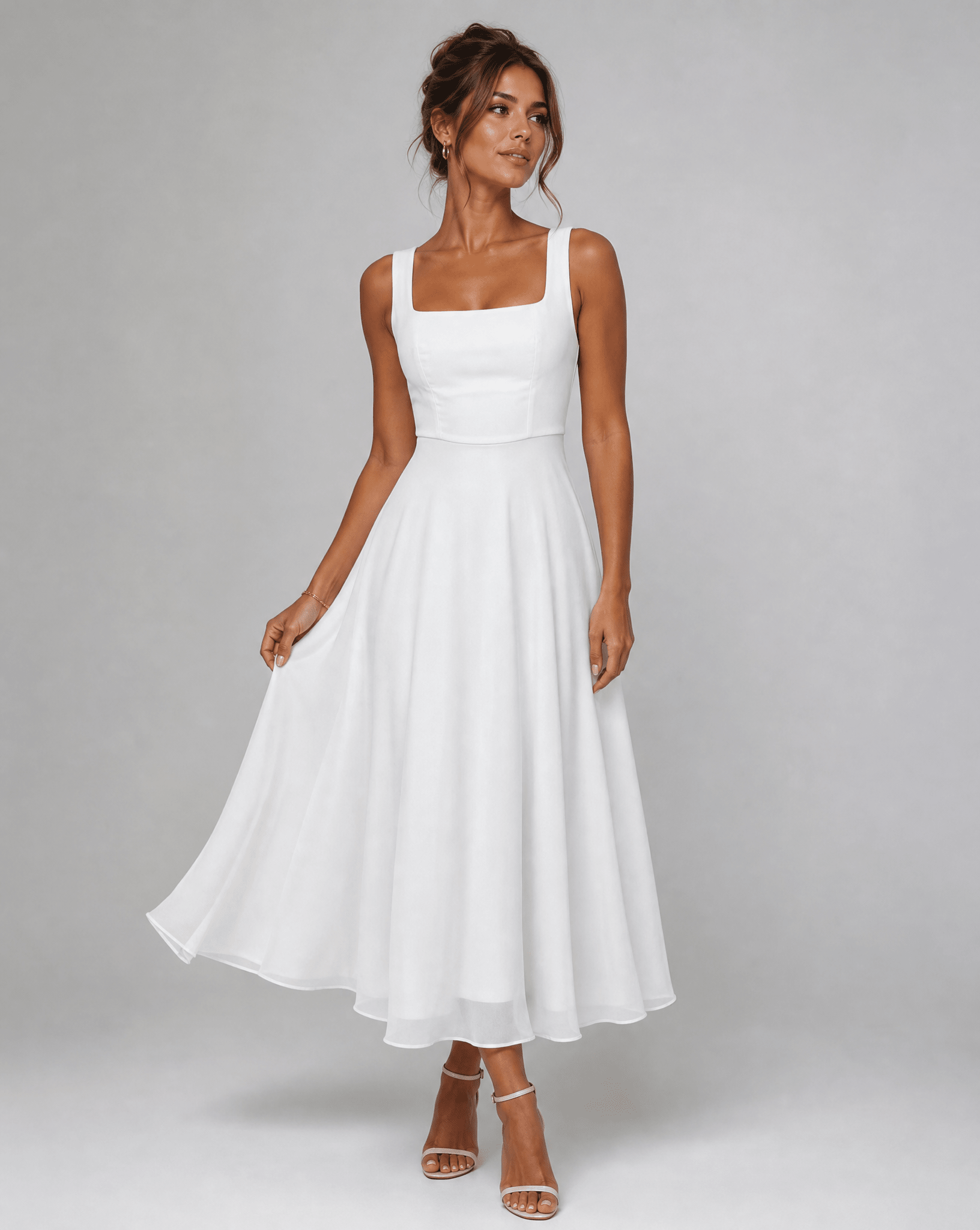 Vestido midi para mujer — estructura en línea A, escote cuadrado y sin mangas
