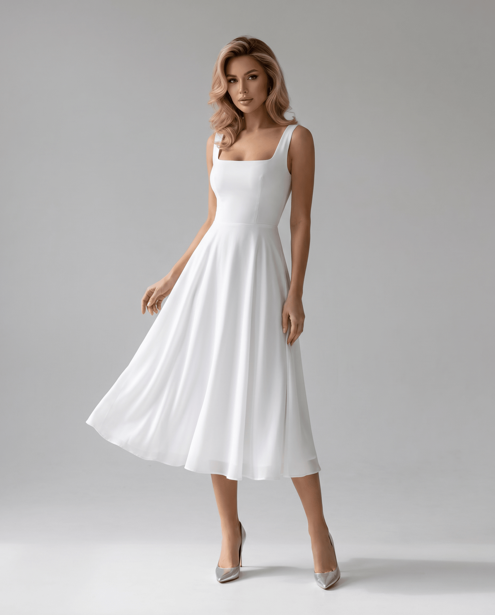 Vestido midi para mujer — estructura en línea A, escote cuadrado y sin mangas