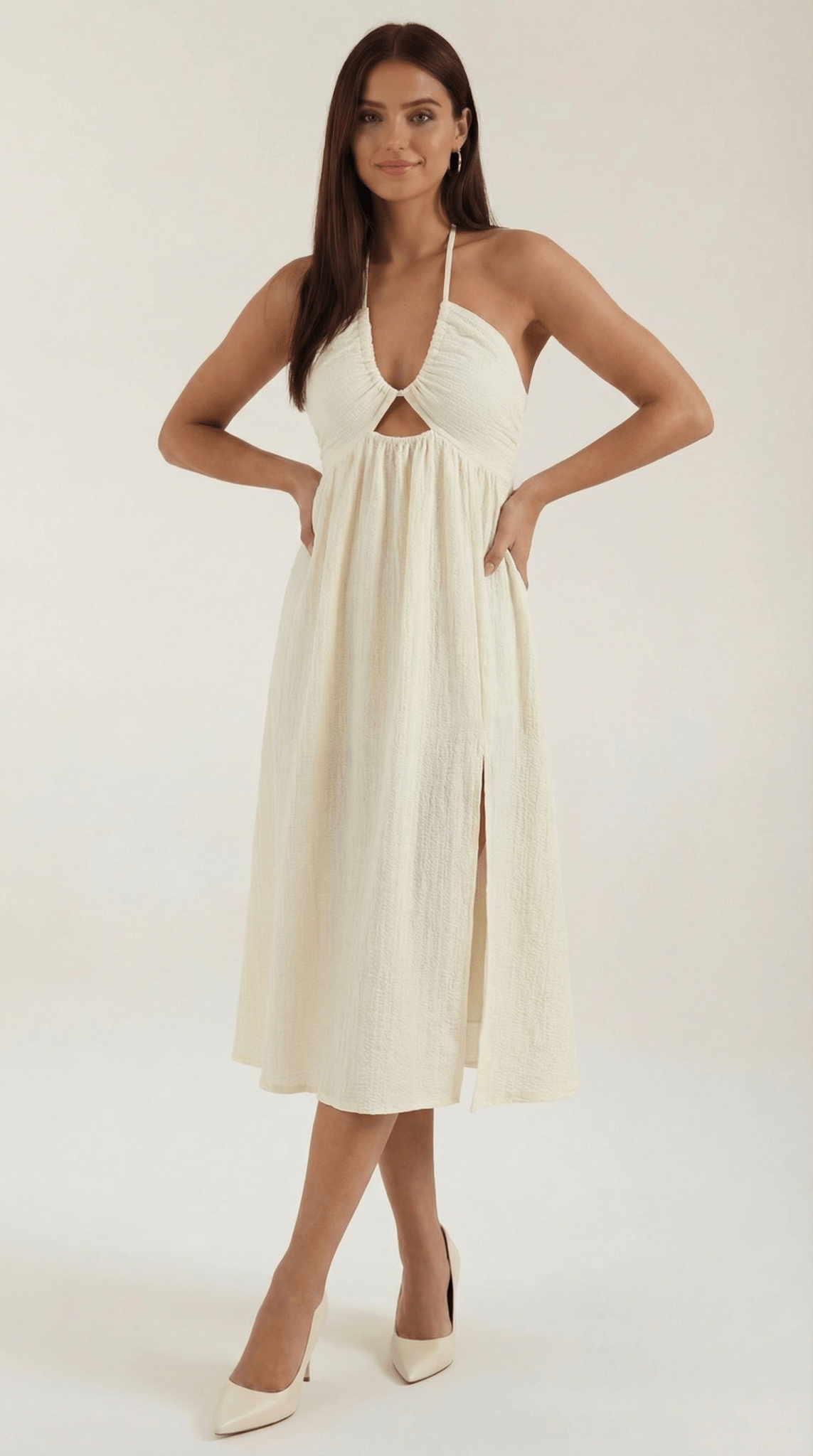 Robe midi femme — bretelles ajustables et fente jupe détaillée