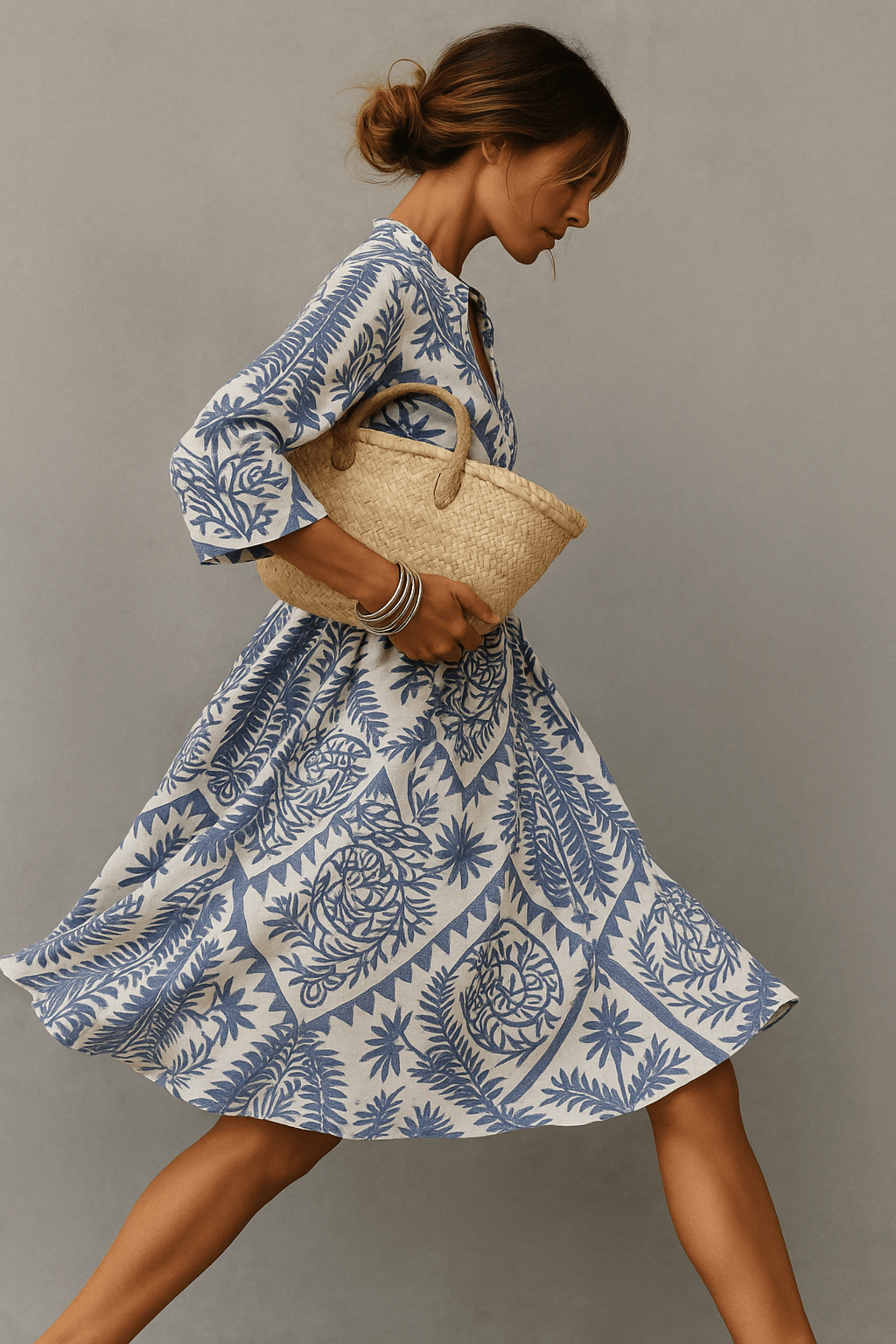 Vestido midi para mujer — diseño bohemio con estampado, escote en V y manga corta