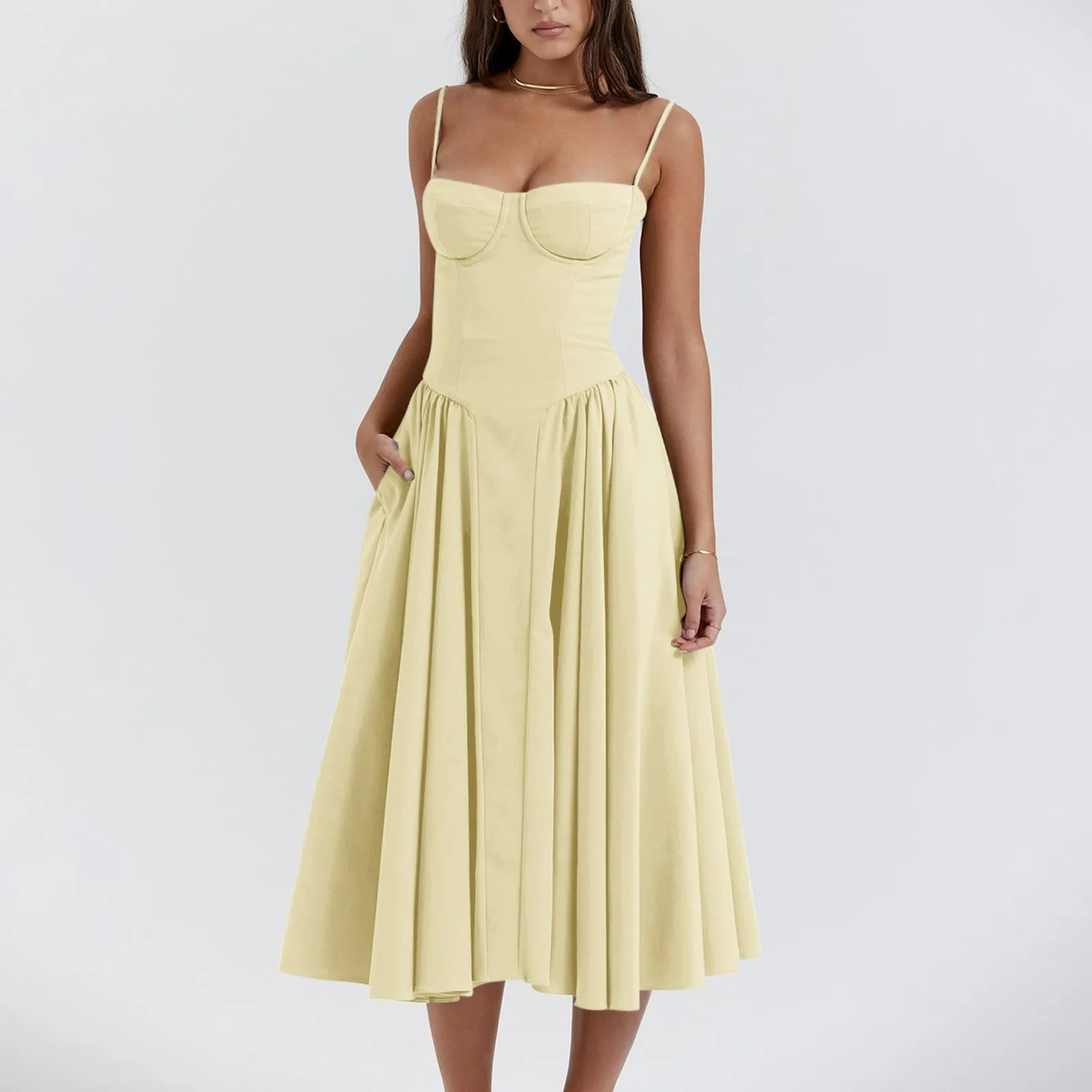 Vestito midi donna — corpetto corsetto, gonna plissettata e arricciata