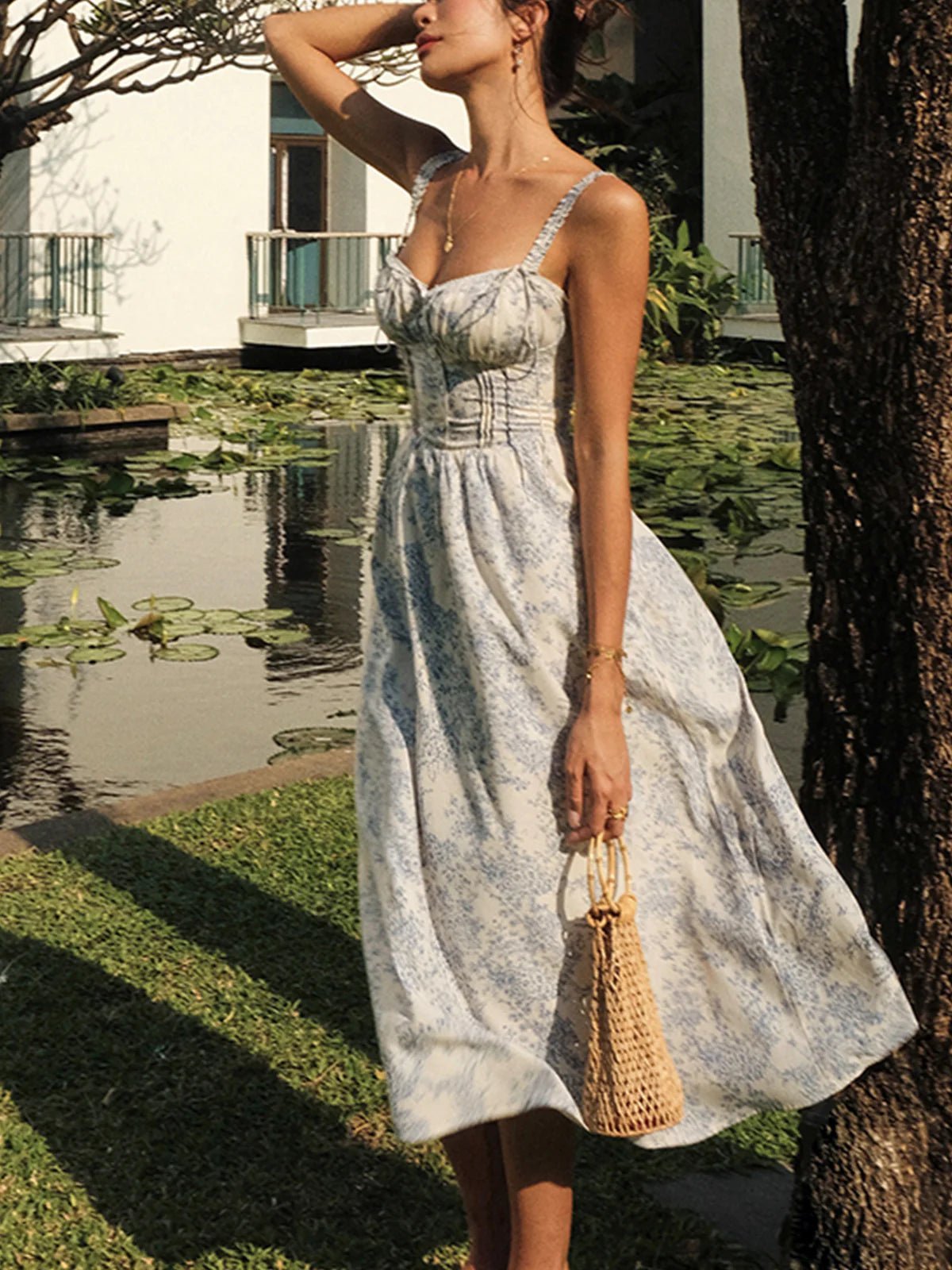 Dames midi-jurk — bloemenprint, korset lijfje en knoopsluiting