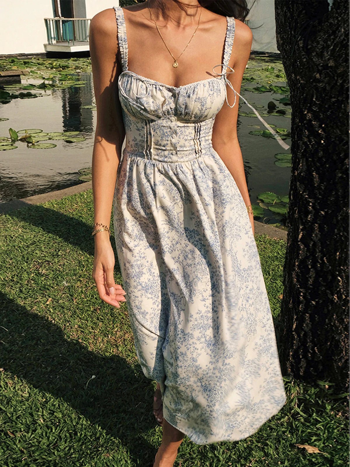 Dames midi-jurk — bloemenprint, korset lijfje en knoopsluiting