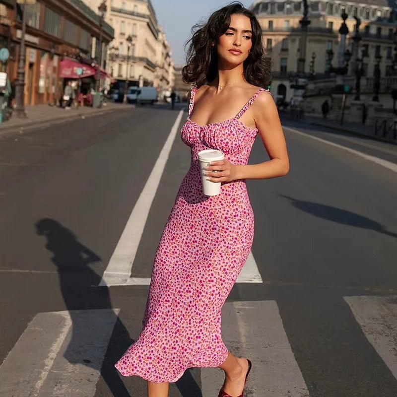 Robe midi femme — imprimé floral bretelles à volants sans manches coupe ajustée