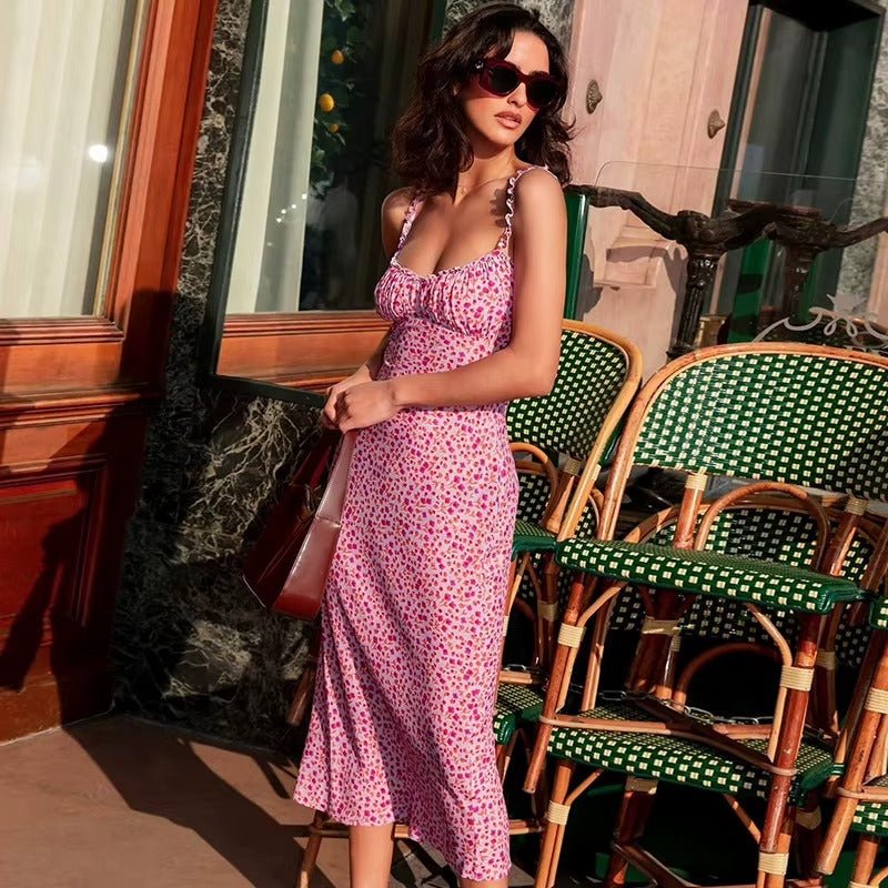 Robe midi femme — imprimé floral bretelles à volants sans manches coupe ajustée