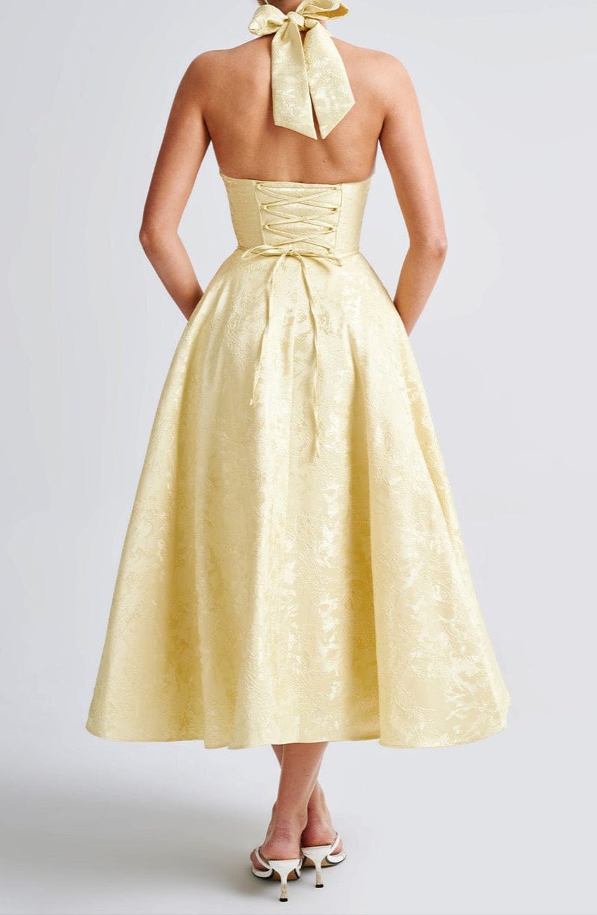 Abito midi da donna — Scollo halter profondo, dettaglio jacquard floreale