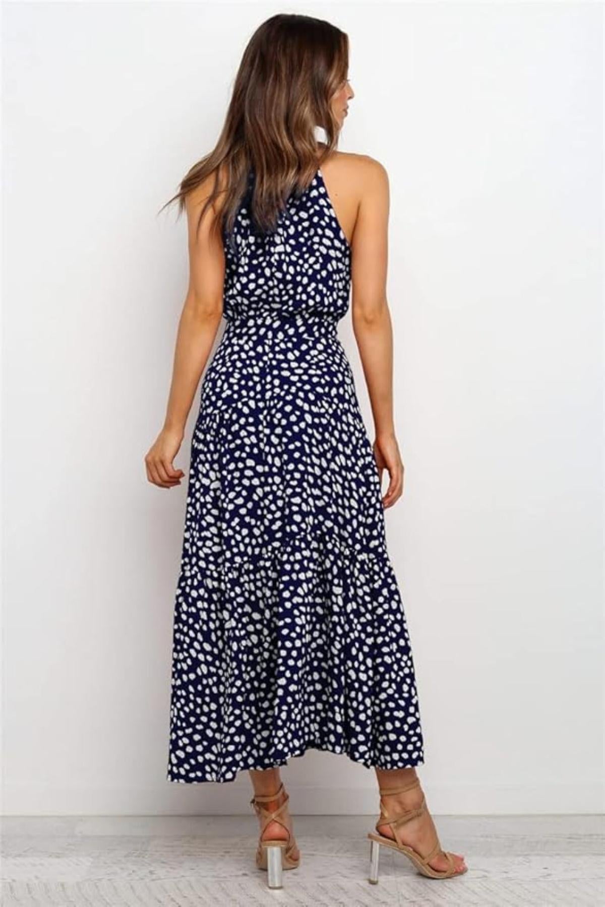 Robe midi femme — col halter à pois ceinture nouée