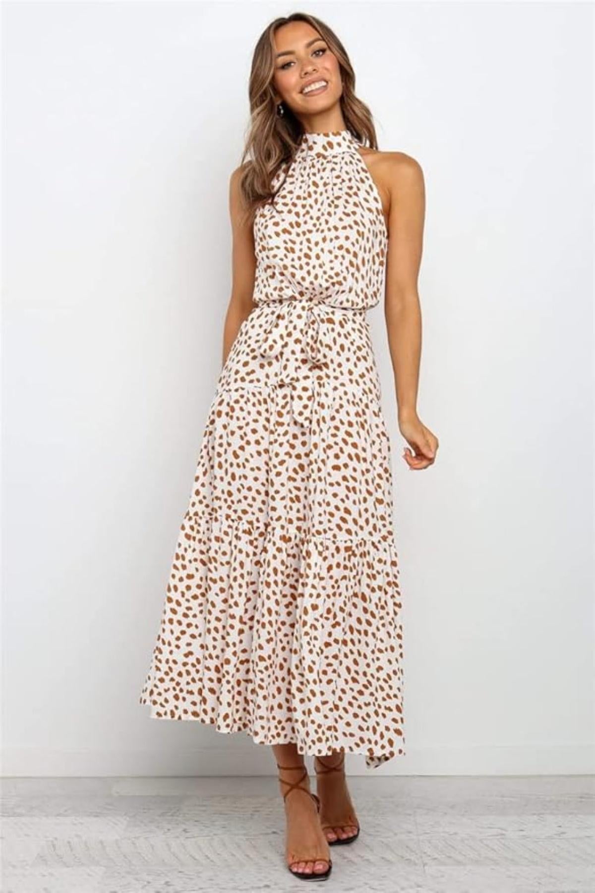 Robe midi femme — col halter à pois ceinture nouée
