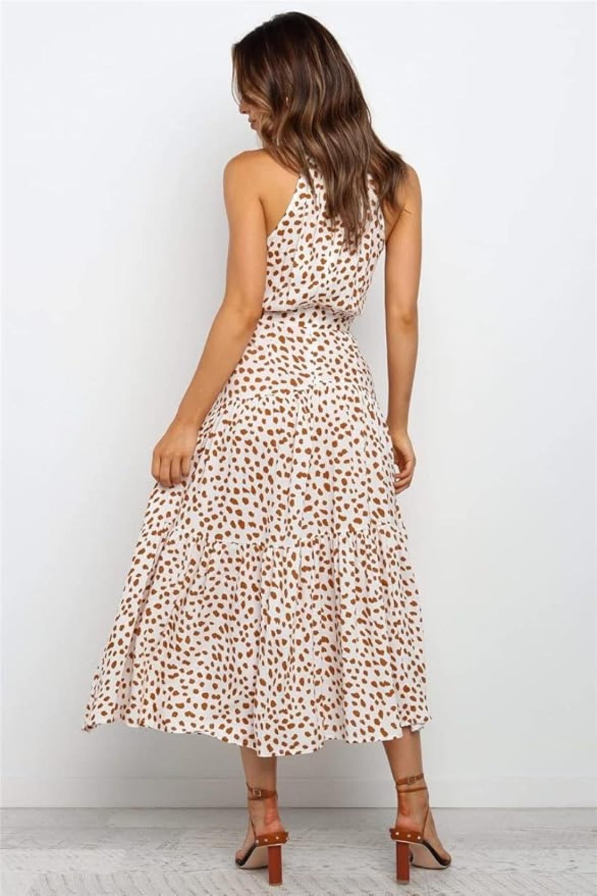 Robe midi femme — col halter à pois ceinture nouée