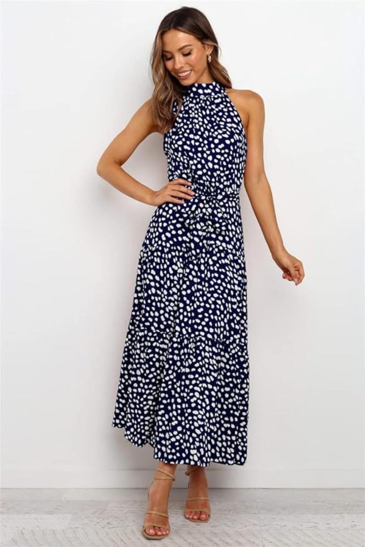 Robe midi femme — col halter à pois ceinture nouée