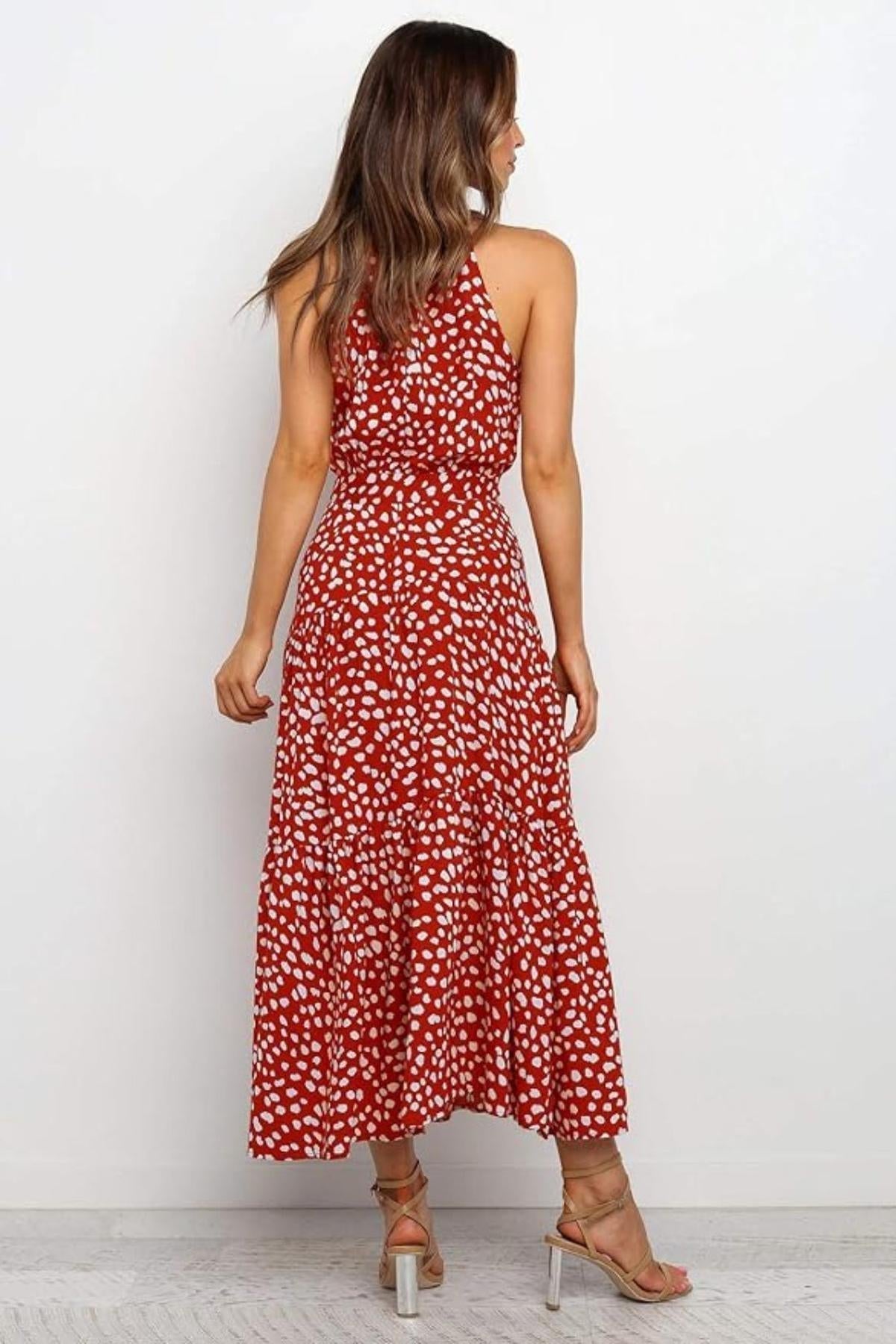 Robe midi femme — col halter à pois ceinture nouée