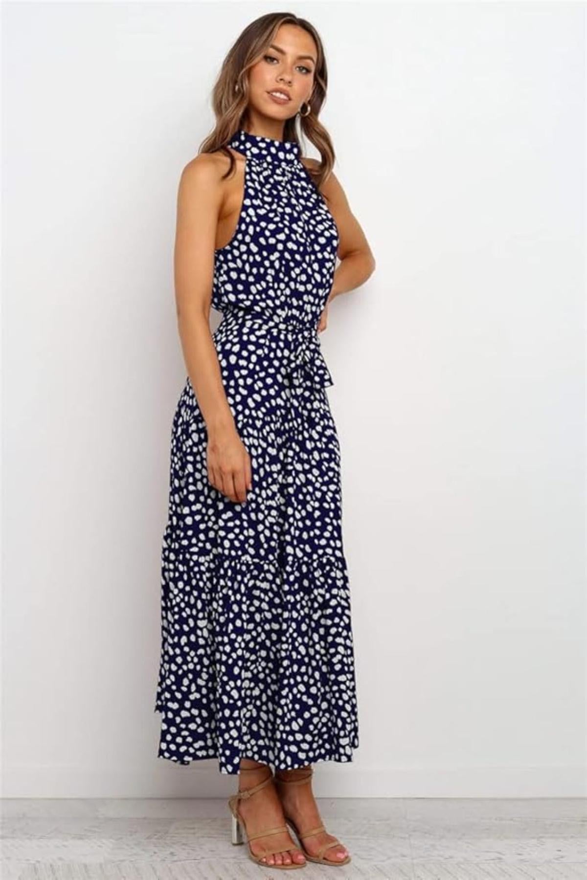 Robe midi femme — col halter à pois ceinture nouée