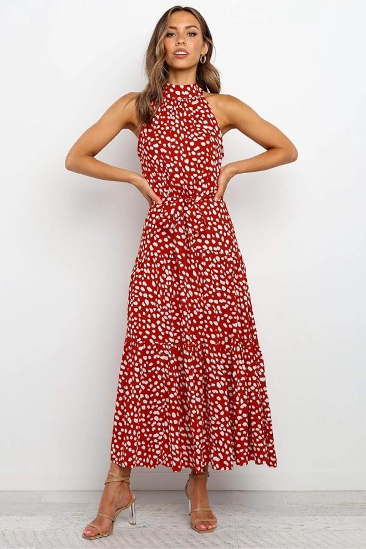 Robe midi femme — col halter à pois ceinture nouée
