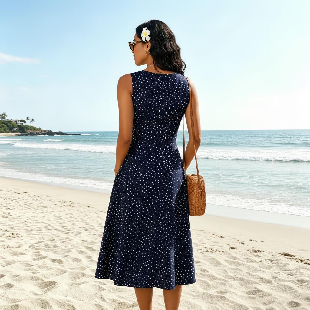 Vestito midi donna — senza maniche, pois, design fit & flare